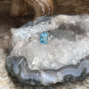 Silver Blue Topaz CZ Solitaire Ring